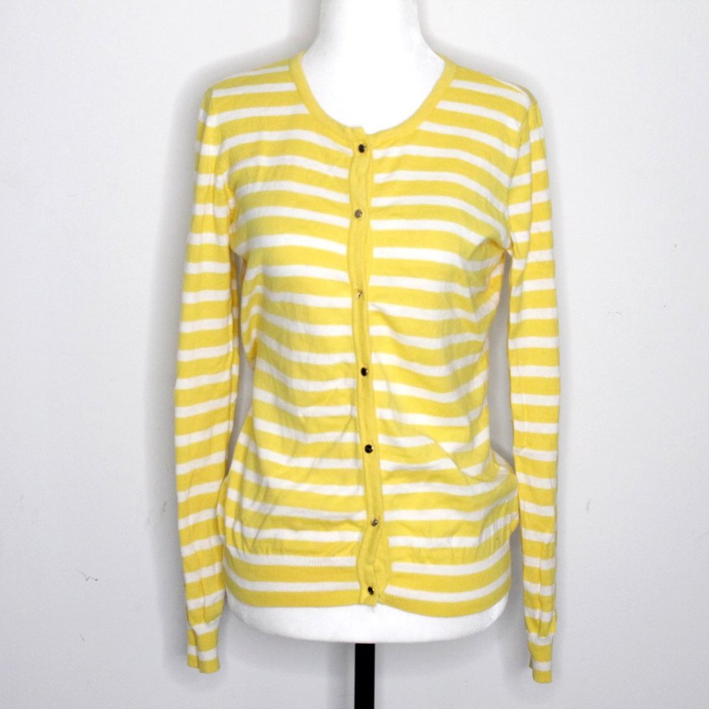 Liz Claiborne 100% Cotton Yellow White Stripe Cardigan Sweater Size S